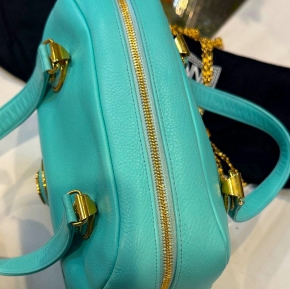Rare Versace Aqua Leather Shoulder Bag with Gold Accents - Picture 15 of 17